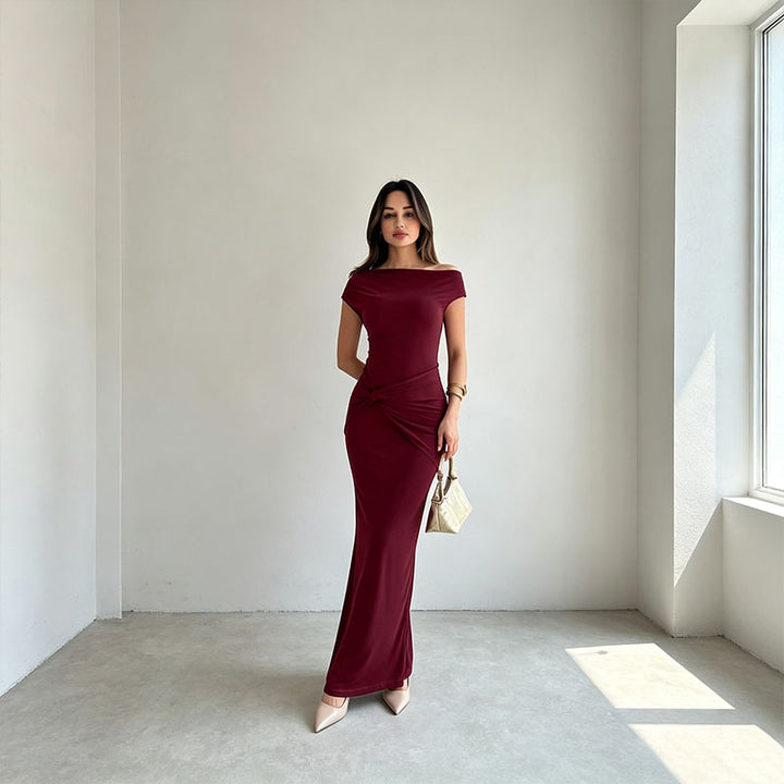One-shoulder ruched and slit dress