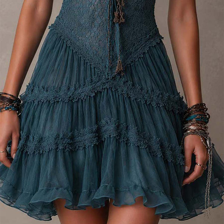 Lace Flutter Sleeve Tiered Mesh Cake Mini Dress