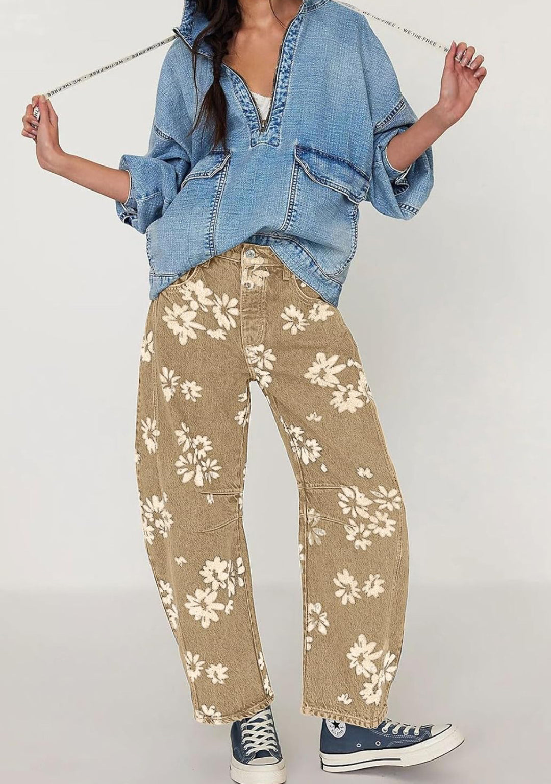 Women Y2k Distressed Barrel Jeans Baggy Wide Leg Jeans Floral Printed Boyfriend Patchwork Denim Pants