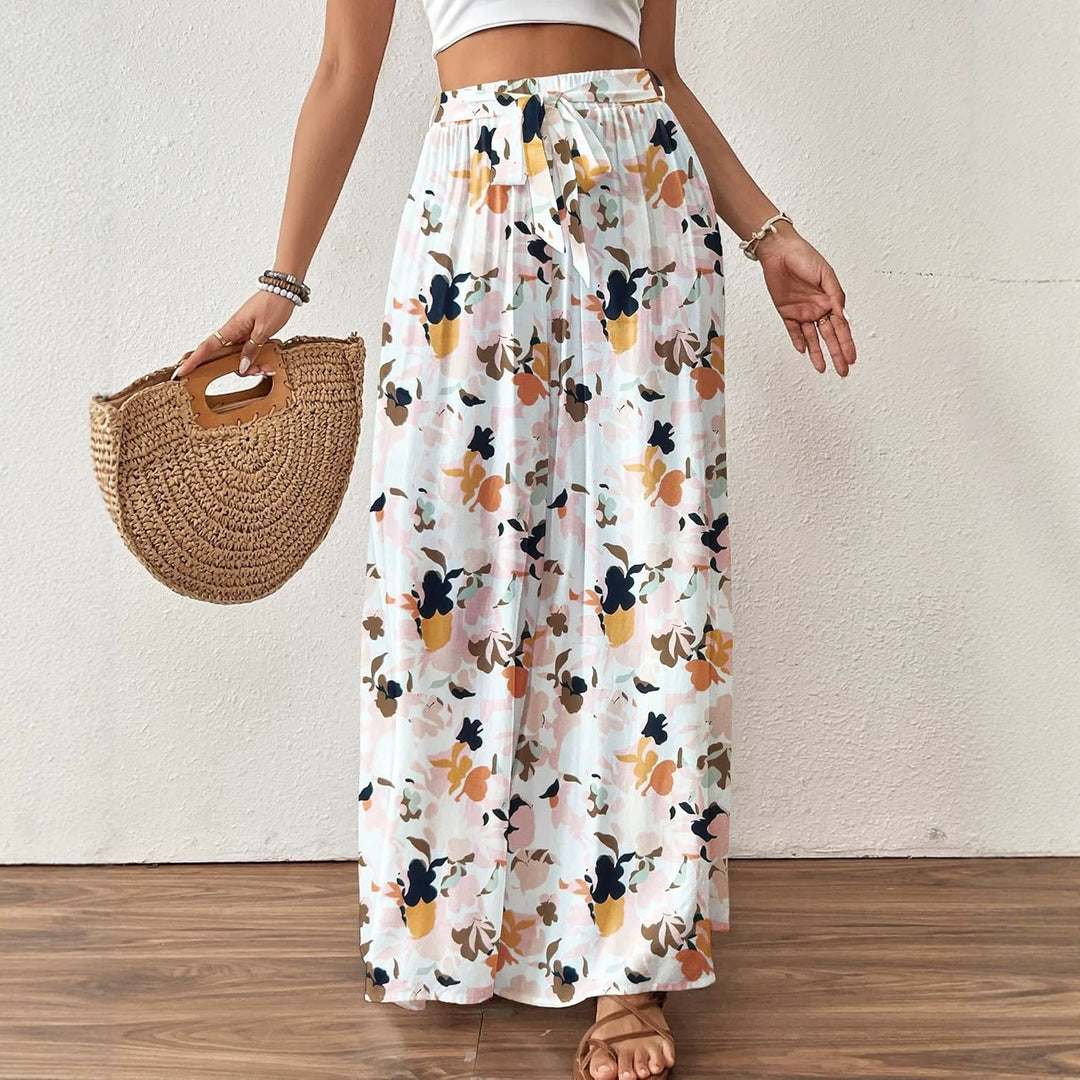 Floral Print Wide Leg Pants, High Waist Drawstring Palazzo Trousers