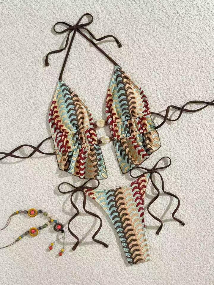 Bohemian Wave Knit Triangle Bikini Set with Shell Accents