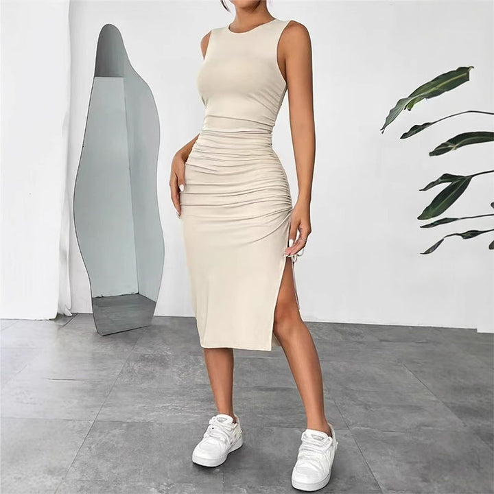 Sleeveless high-slit drawstring maxi dress