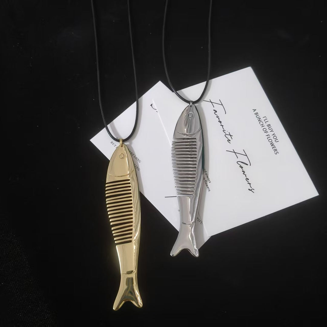 gold-plated Fish Comb Pendant Necklace, Adjustable Long Black Cord Necklace