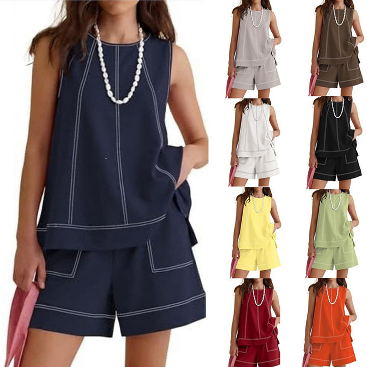 Summer round neck sleeveless vest and drawstring shorts set