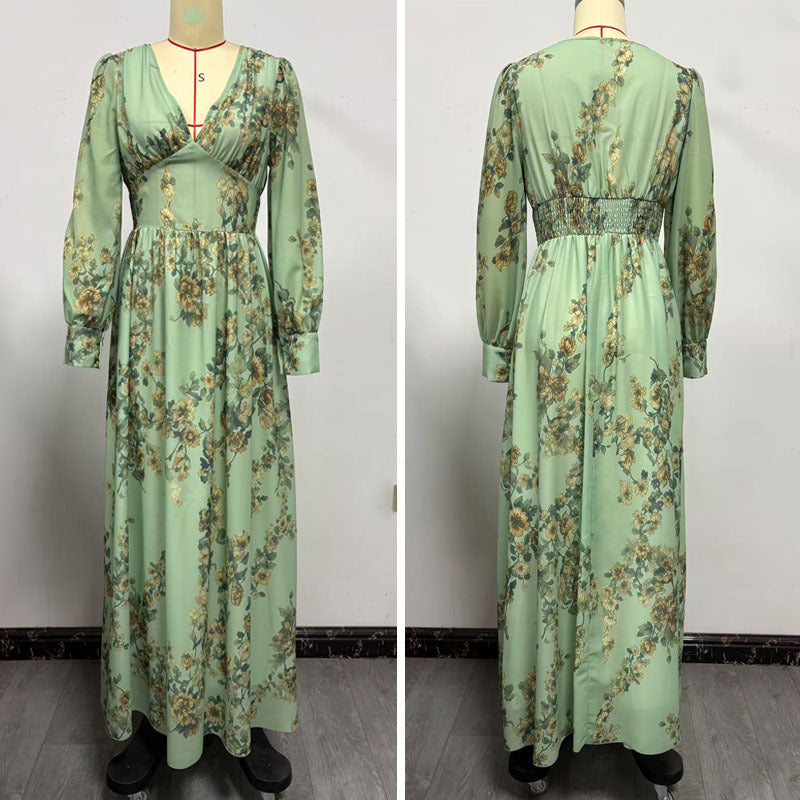 Floral V Neck Long Sleeve Bohemian Maxi Dress