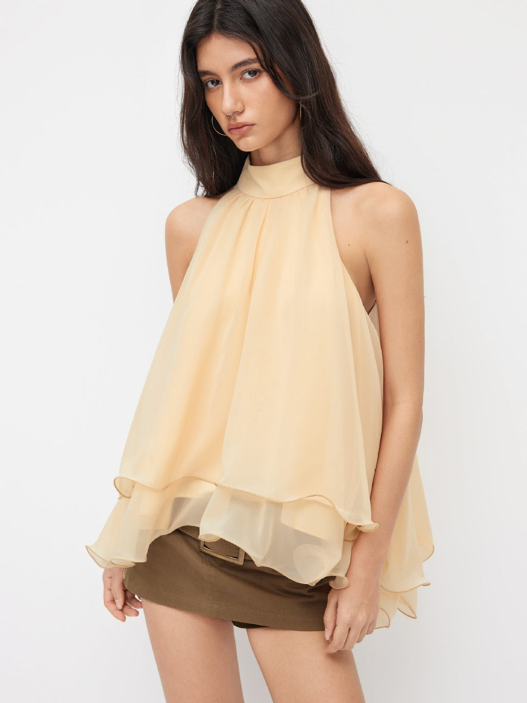 Multi-Color Halter Neck Flowy Chiffon Top with Bow Detail, Sleeveless Ruffled Blouse for Women