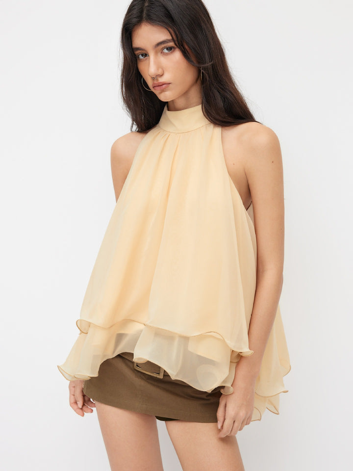 Multi-Color Halter Neck Flowy Chiffon Top with Bow Detail, Sleeveless Ruffled Blouse for Women