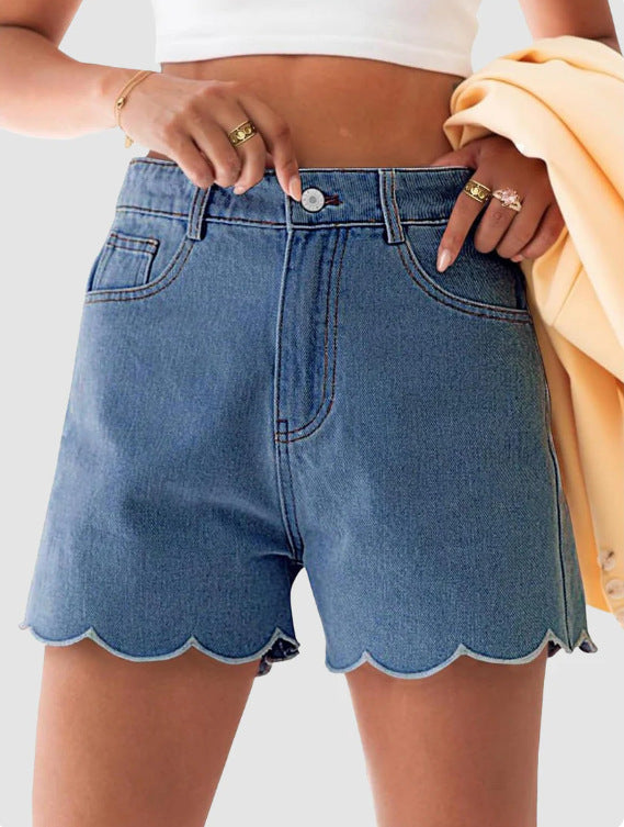 High Waist Scalloped Hem Denim Shorts