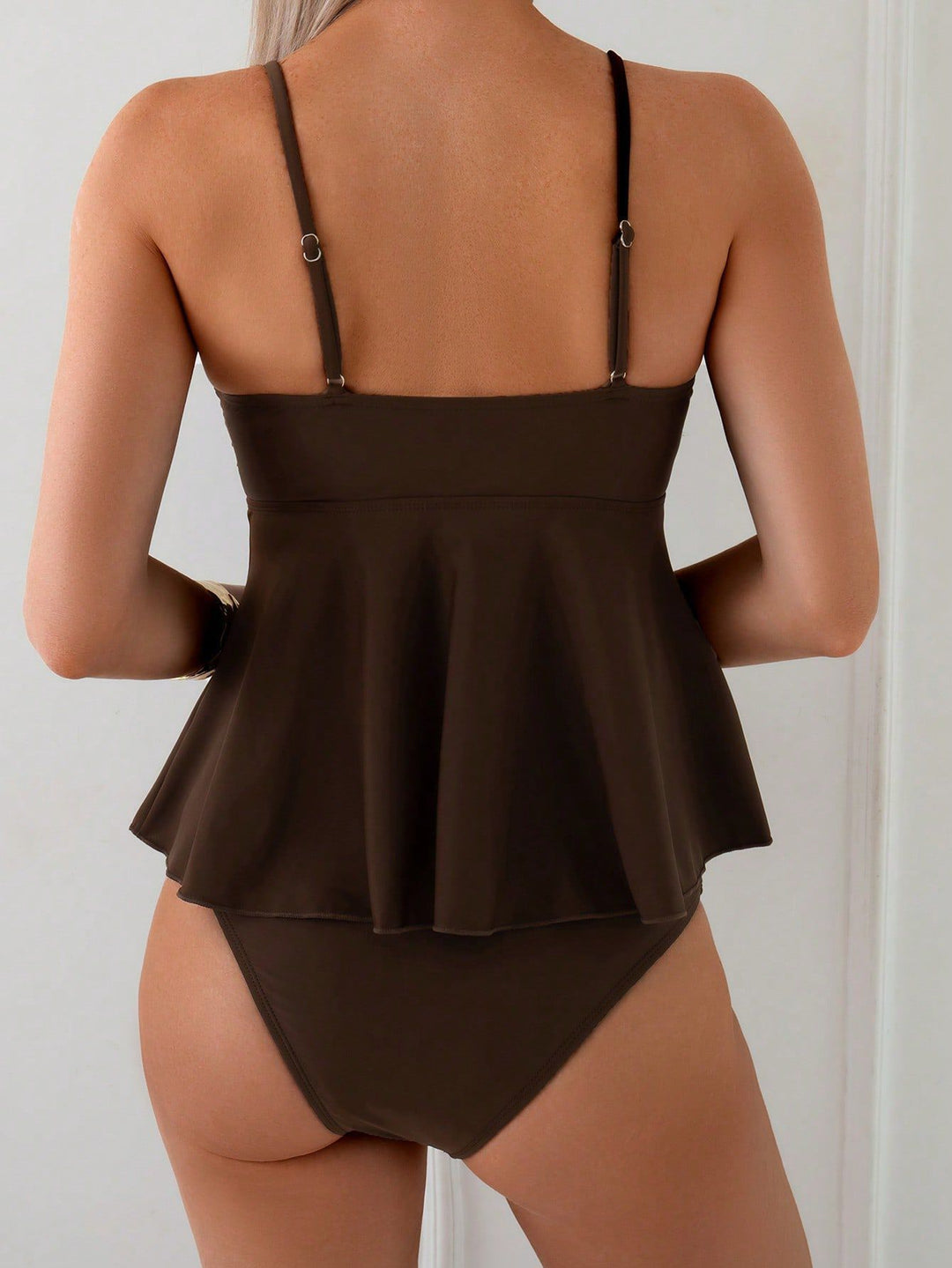 Brown Shell Accent Flounce Tankini Set