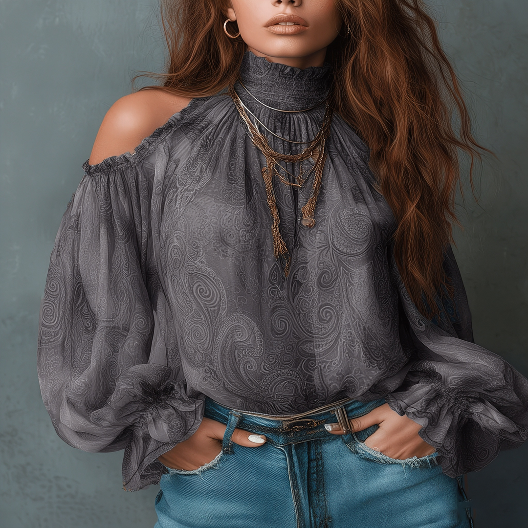 Cold Shoulder Ruffle High Neck Blouse