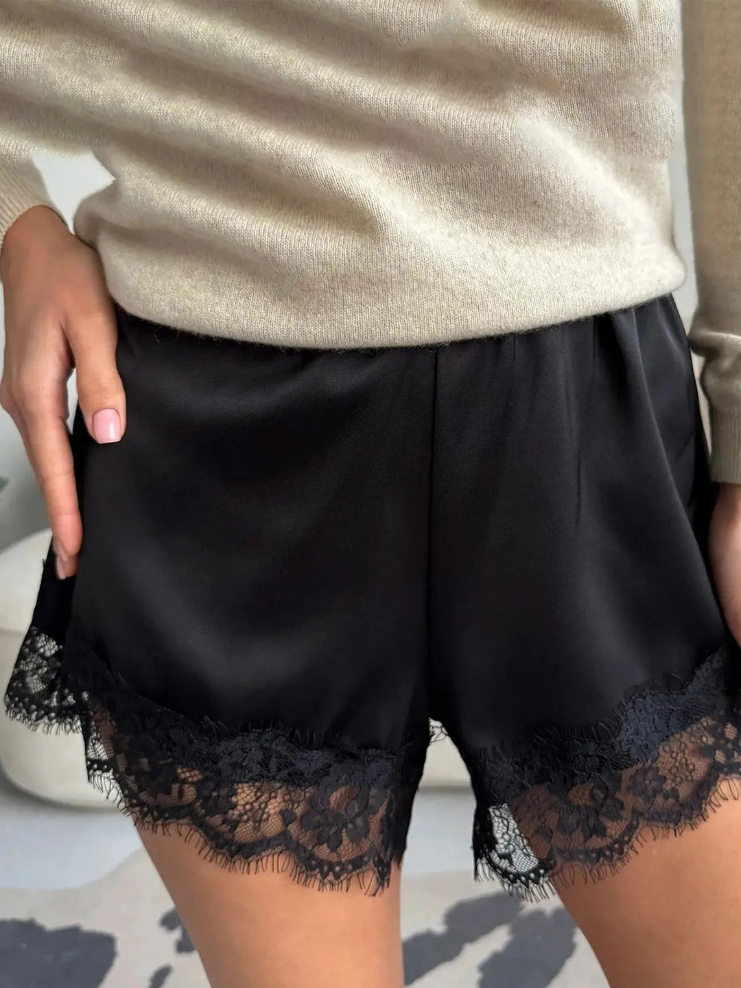 Satin Lounge Shorts with Eyelash Lace Trim, Elastic Waist Pajama Shorts