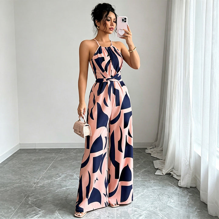 Halter-neck loose-fitting printed wide-leg jumpsuit