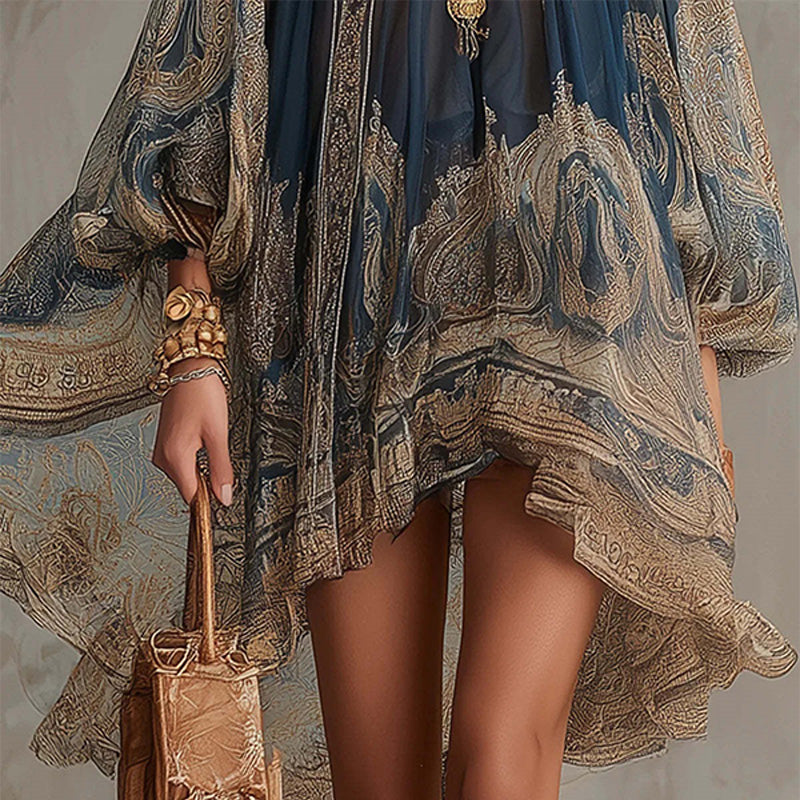 High-neck printed loose chiffon dress