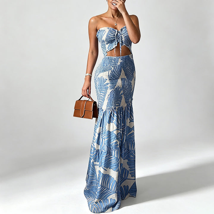 Strapless multi-colored printed pleated maxi dress