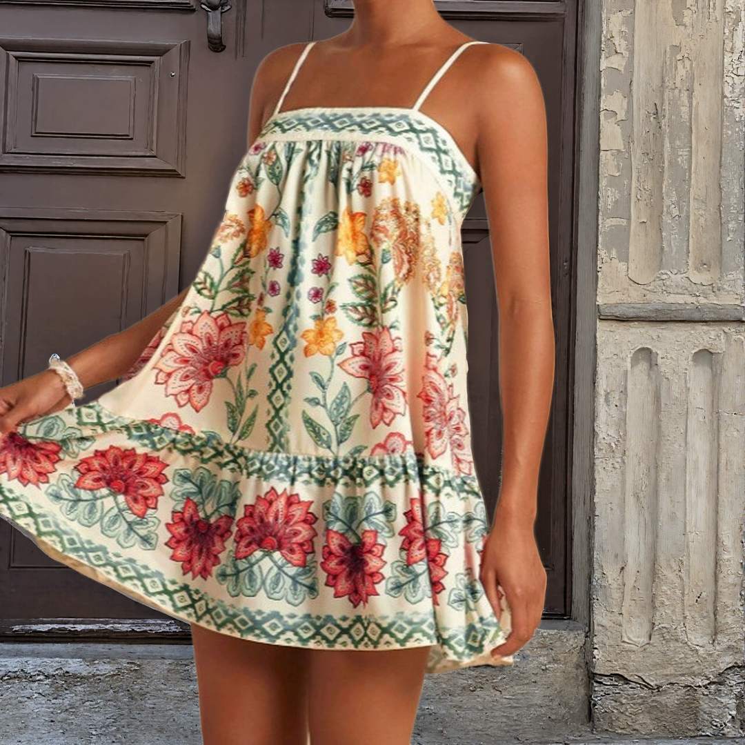 Tropical Print Spaghetti Strap Ruffle Hem Mini Dress