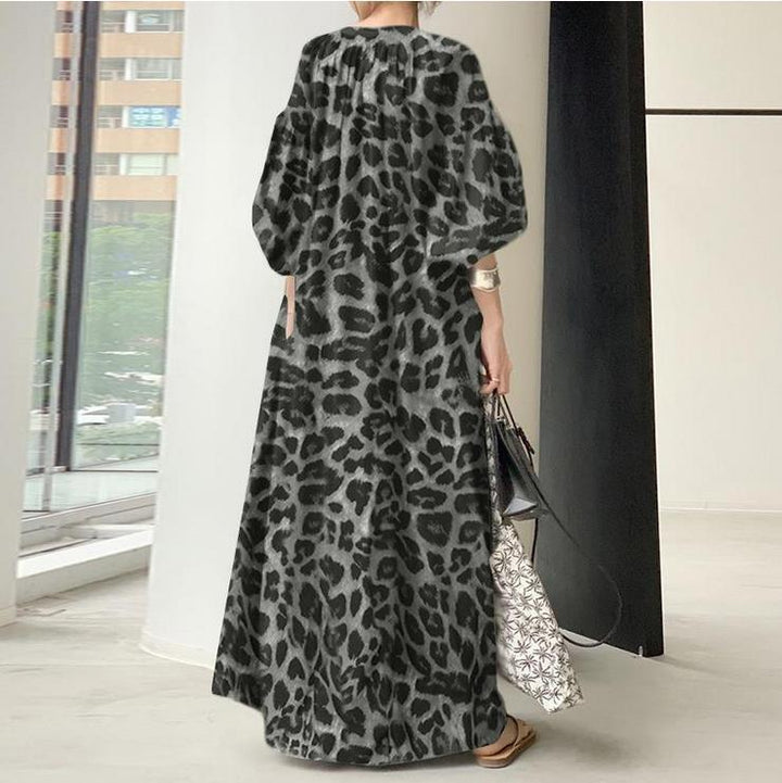 Leopard Print V-Neck Balloon Sleeve Maxi Dress