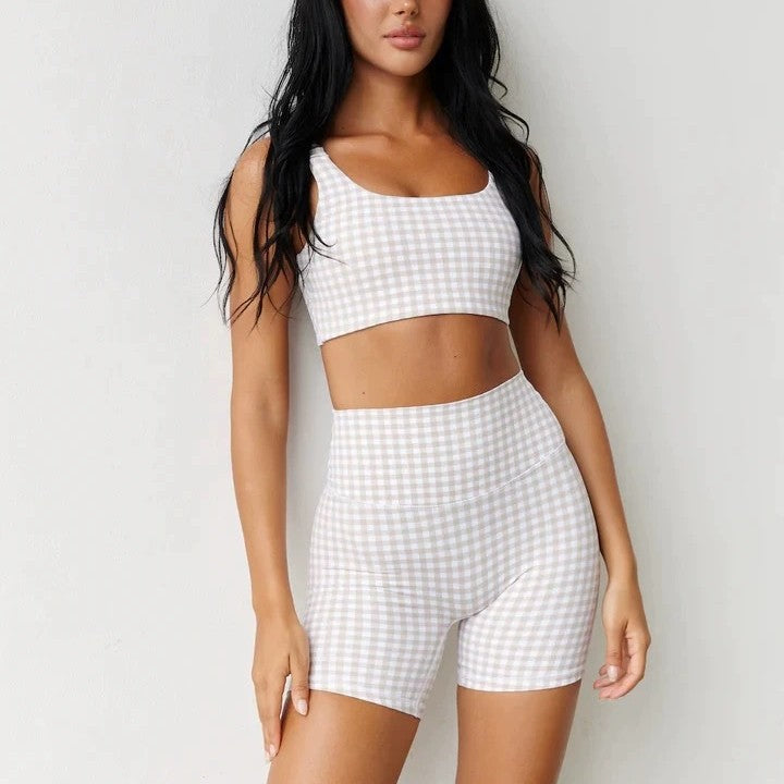 Gingham Print Active 2-Piece Set: Cropped Tank &amp; High-Waisted Biker Shorts