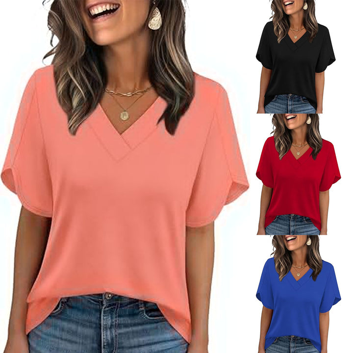 V-Neck Dolman Sleeve Casual T-Shirt, Loose Fit Solid Color Blouse