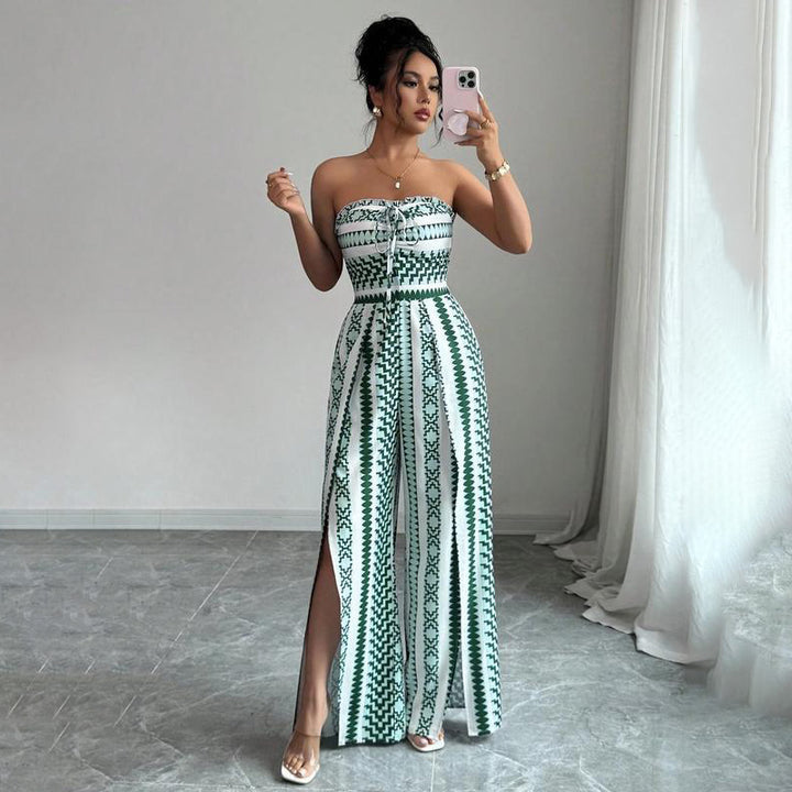Waist-tie printed jumpsuit with side slits