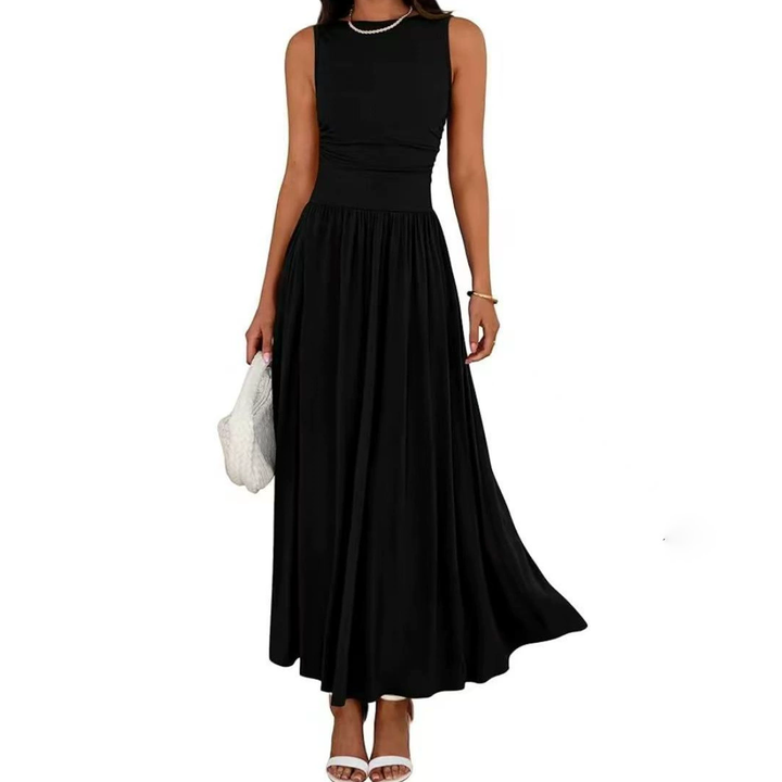 Round neck, side pleats, high-waisted maxi dress
