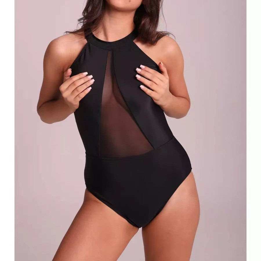 Black Mesh Panel Halter Neck Bodysuit