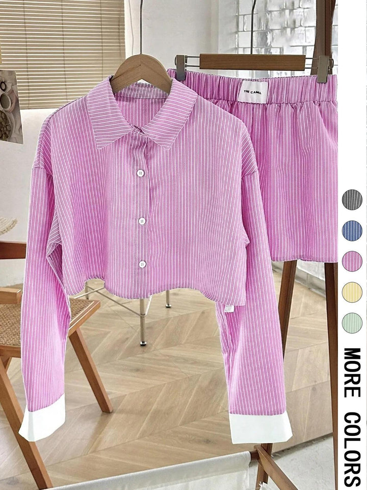 Striped Cropped Button-Down Shirt &amp;amp; Elastic Waist Shorts 2-Piece Set