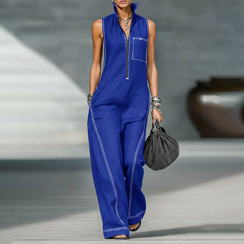 Sleeveless cotton-linen jumpsuit