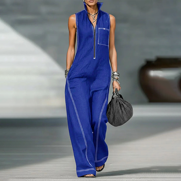 Sleeveless cotton-linen jumpsuit