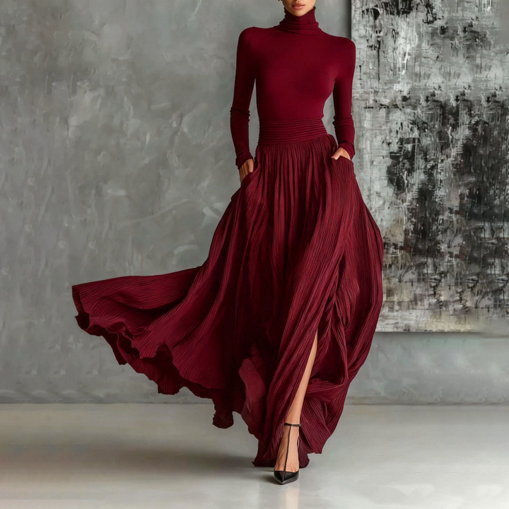 Turtleneck Top &amp; Pleated Maxi Skirt Set