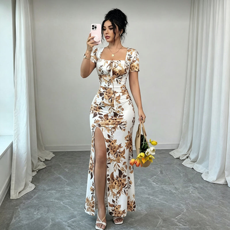 Square Neck Floral Slit Mermaid Maxi Dress