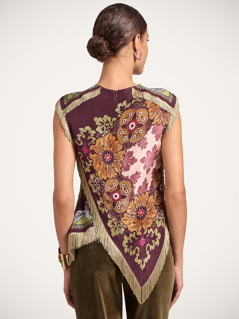 Bohemian Floral Print Fringe-Trimmed Asymmetrical Sleeveless Blouse