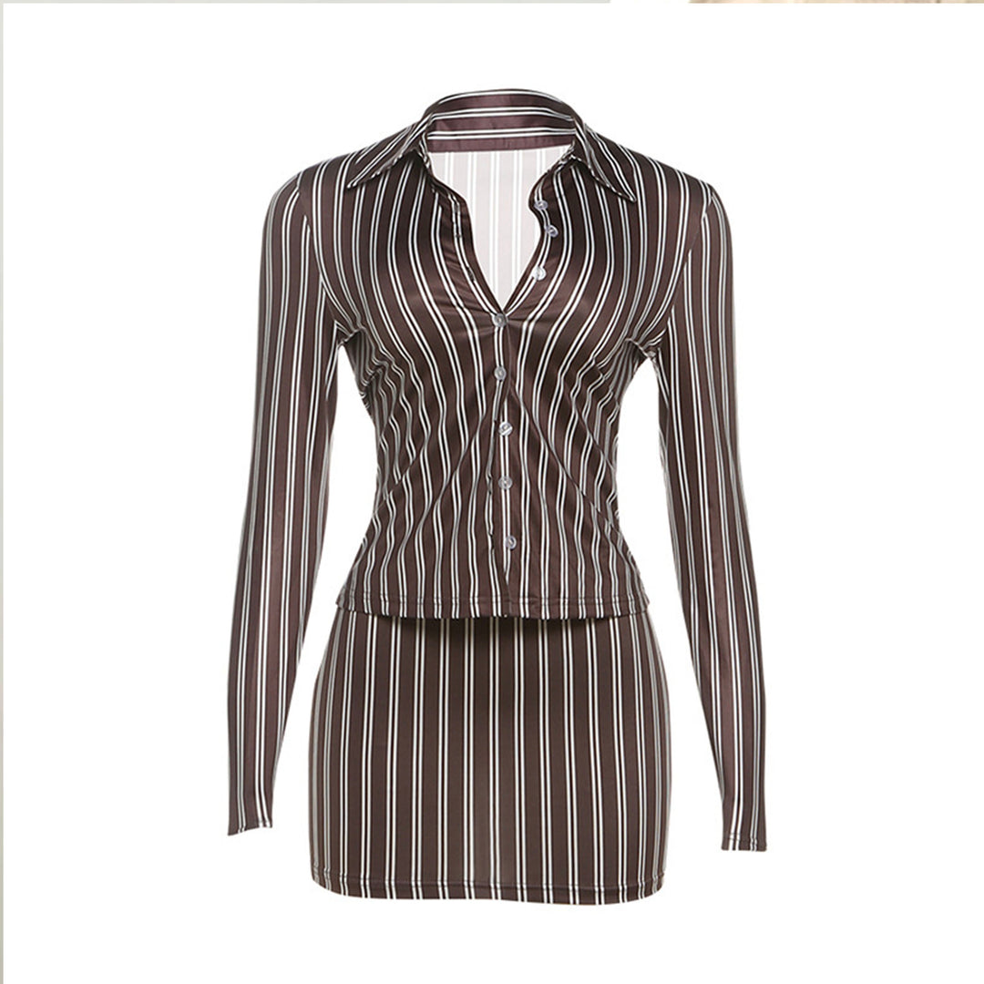 Chic Striped Lapel Mini Dress Set