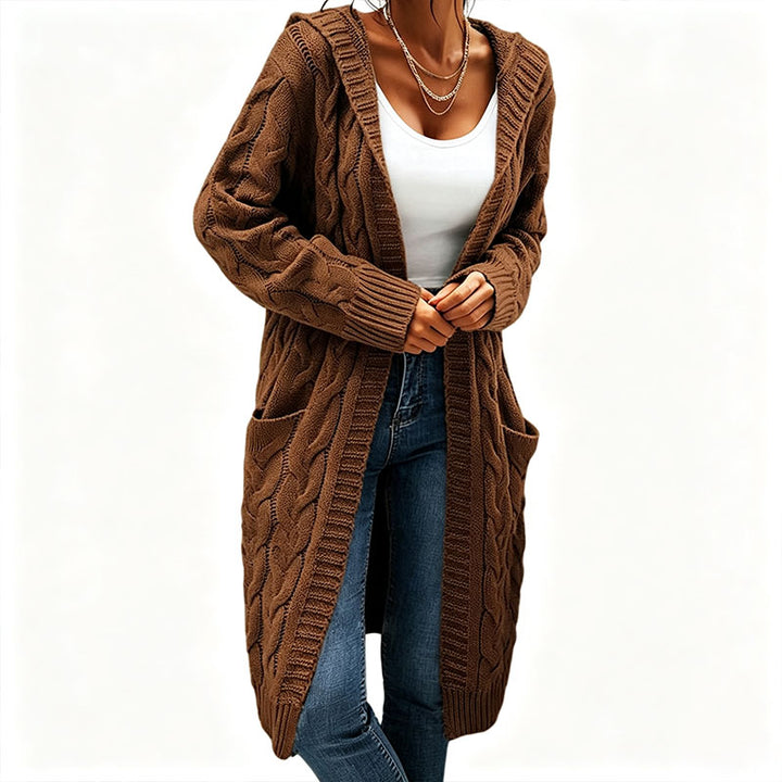 Solid-color hooded cable-knit mid-length cardigan