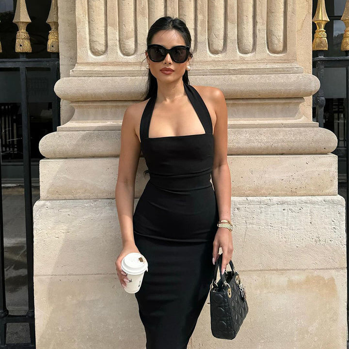 Black Halter Neck Midi Dress, Sleeveless Bodycon Cocktail Dress for Women