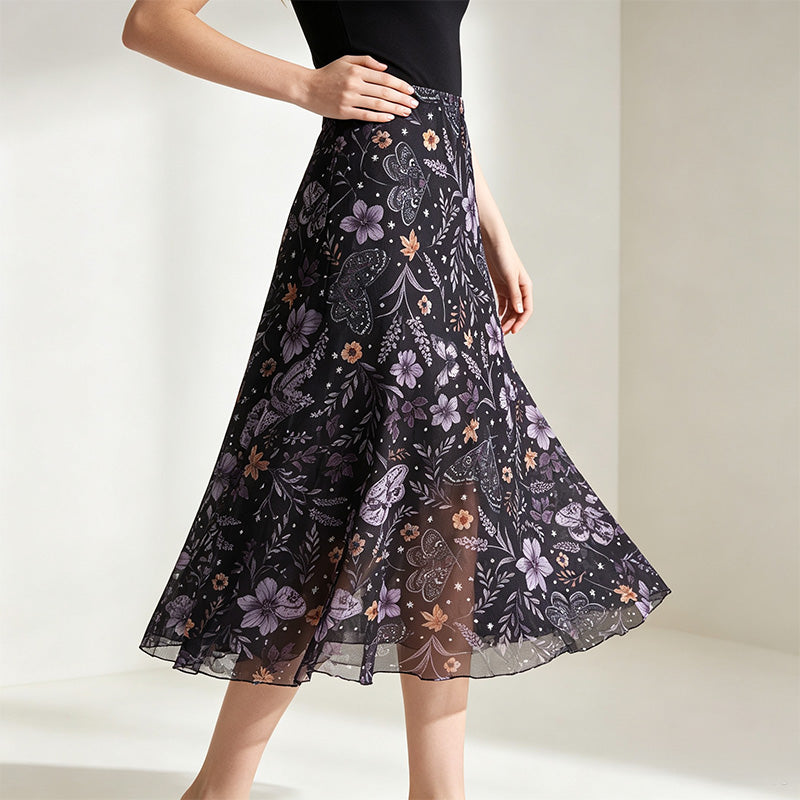 Floral Print Mesh High Waist A-Line Skirt