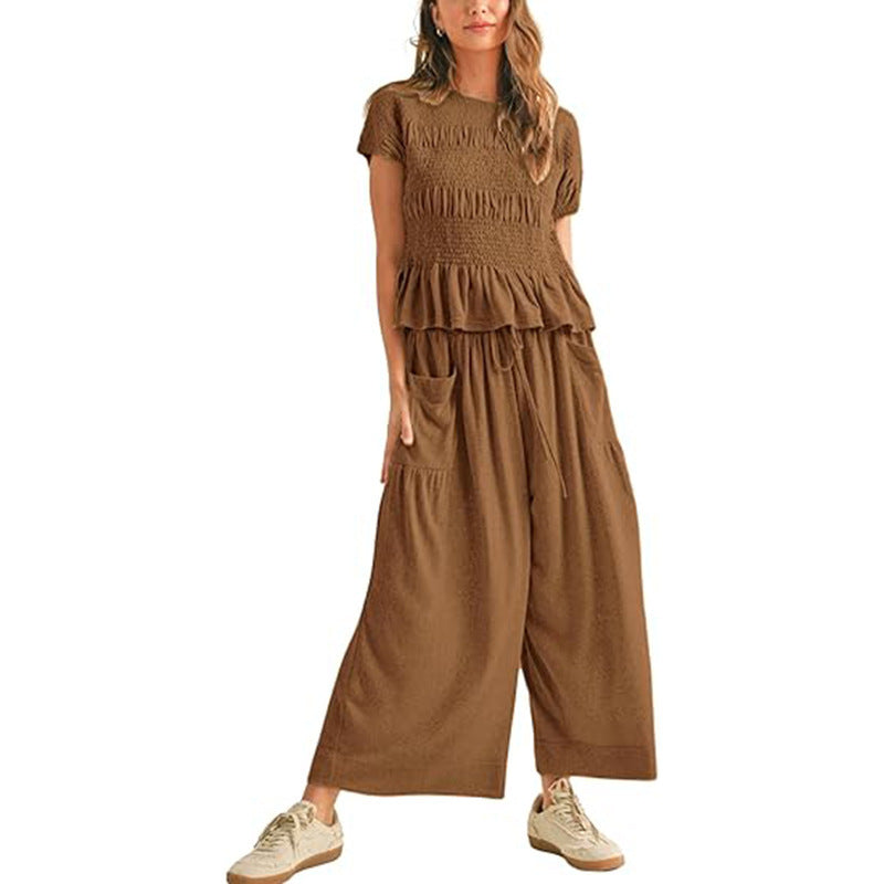 Beige Linen-Blend Smocked Peplum Top &amp;amp; Wide-Leg Pants Set