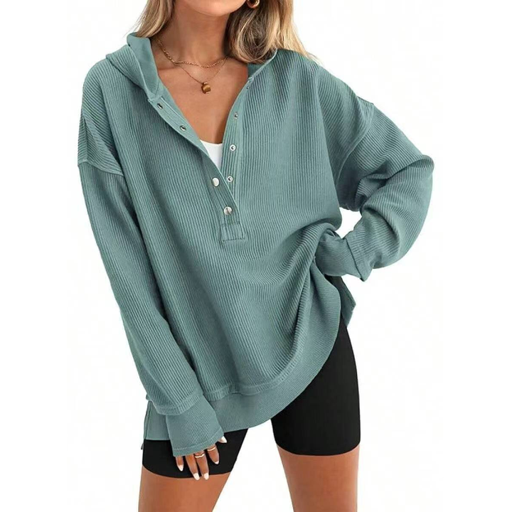 Drop Shoulder Loose Fit Henley Waffle Hoodie Top