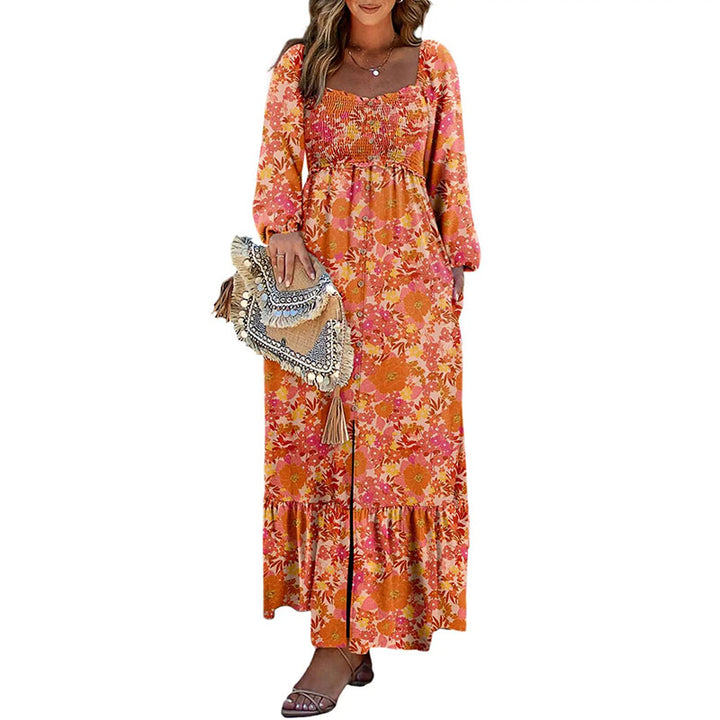 Floral Square Neck Long Sleeve Dress