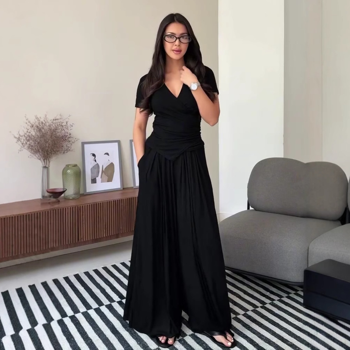 Wrap V Neck Short Sleeve Wide Leg Set
