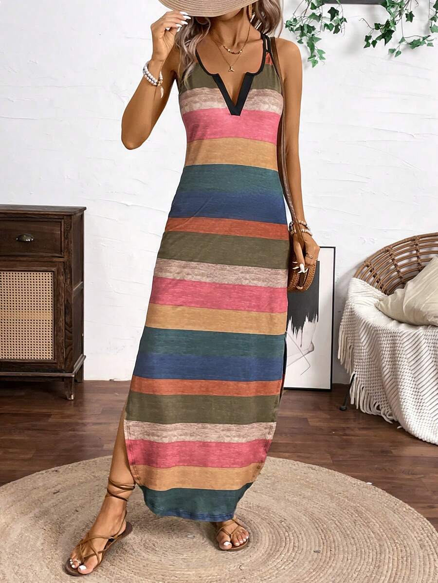 Multicolor Striped V-Neck Sleeveless Maxi Dress