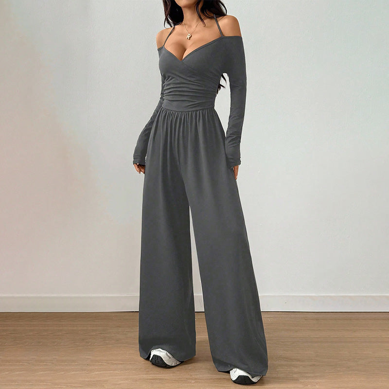 V-neck off-shoulder wide-leg jumpsuit