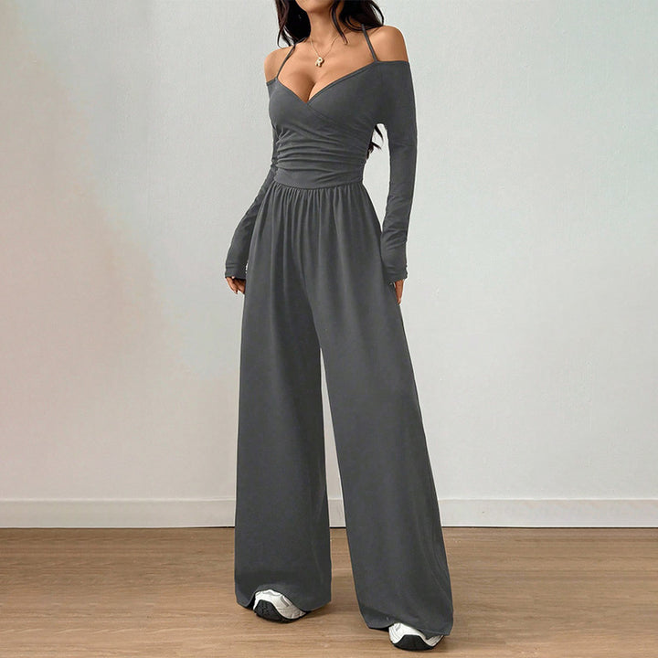 V-neck off-shoulder wide-leg jumpsuit