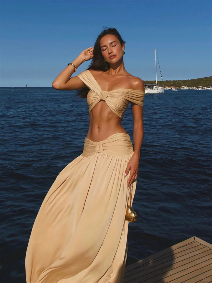 Beige Ruched 3-Piece Swimsuit Set with Off-Shoulder Top and High-Waisted Maxi Skirt