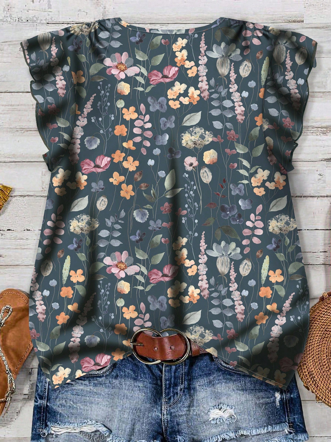 Watercolor Floral Print V-Neck Ruffle Sleeve Blouse