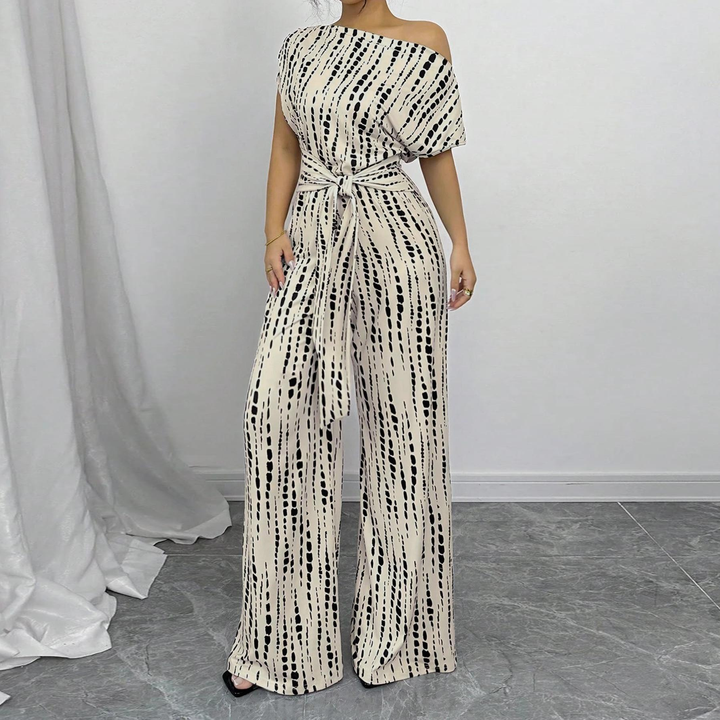 Off Shoulder Belted Wide Leg Jumpsuit