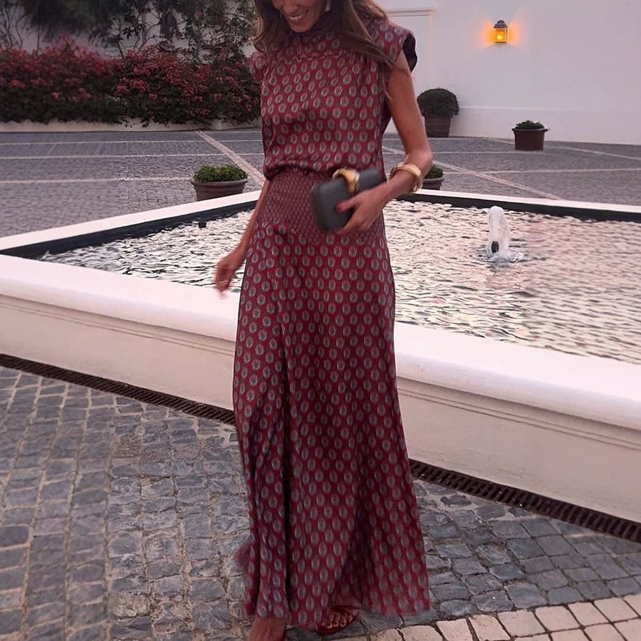 Retro Print Scarf Neck Top &amp;amp; Flowing Maxi Skirt Two-Piece Set
