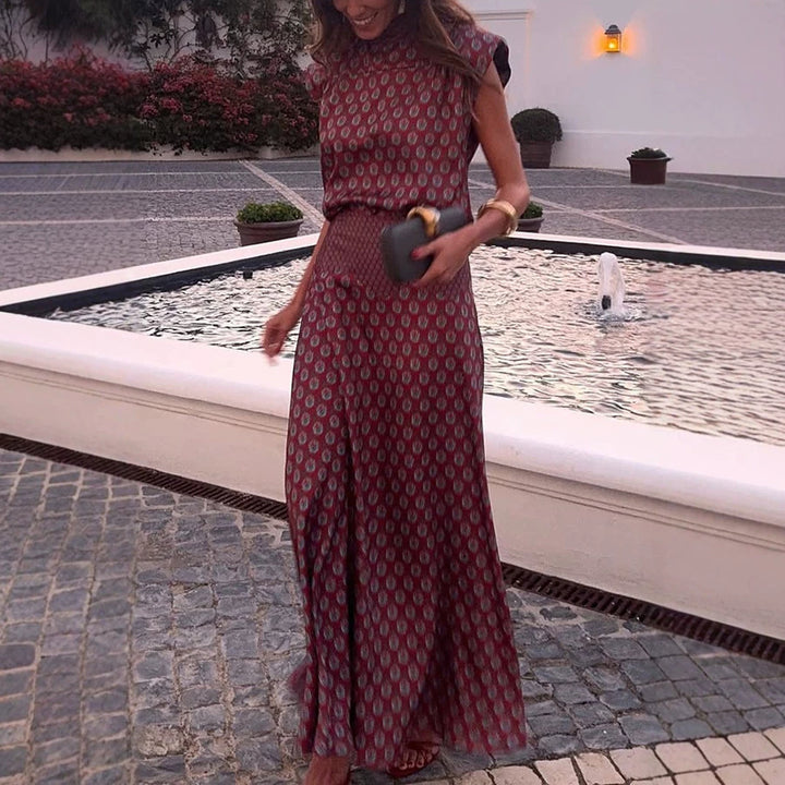 Retro Print Scarf Neck Top &amp;amp; Flowing Maxi Skirt Two-Piece Set