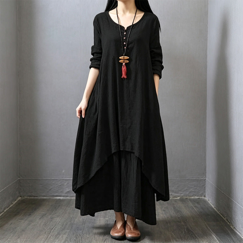 Faux-layered long-sleeved linen maxi dress