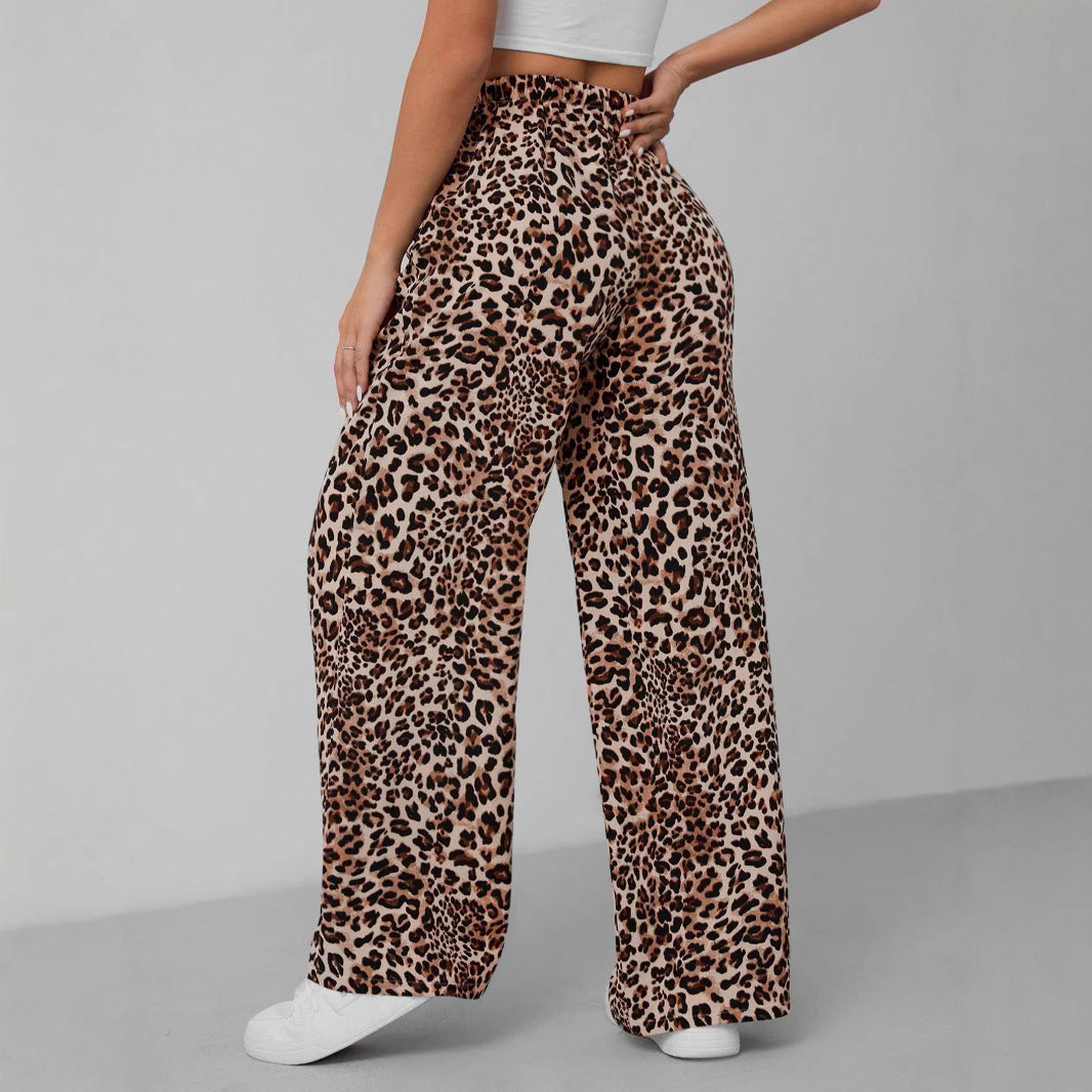Leopard Print High-Waisted Wide Leg Pants, Elastic Waist Drawstring Trousers