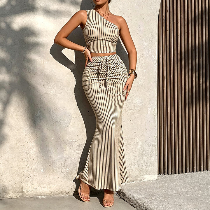 Summer one-shoulder striped sleeveless vest two-piece set